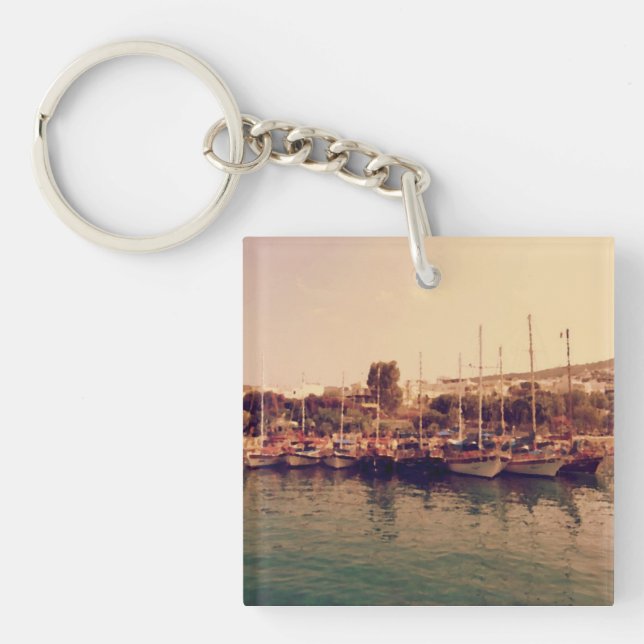 Lebhafter Retro-Korallenuntergang Bodrum Hafen Küs Schlüsselanhänger (Vorderseite)
