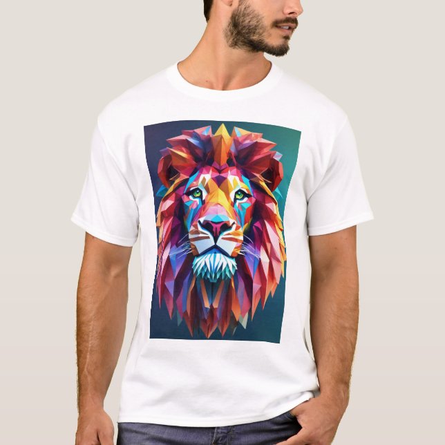 "Lebhafter Roar: Farbenfrohe Löwendreiecke bedruck T-Shirt (Vorderseite)