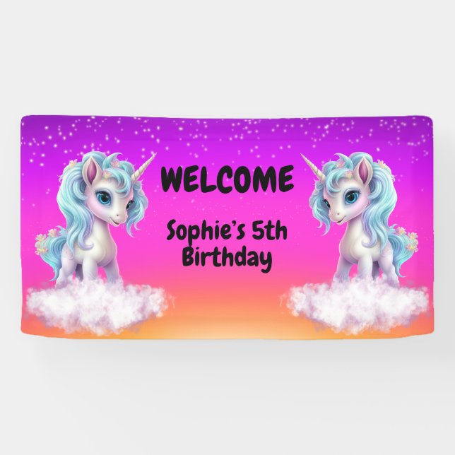 Lebhafter rosa Einhorn Geburtstag Banner (Horizontal)
