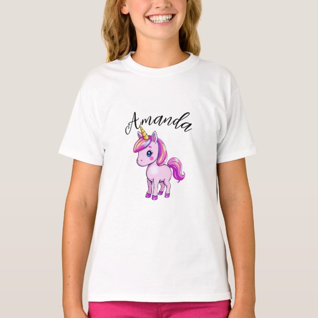 Lebhafter Rosa Einhorn Girl Name T-Shirt (Vorderseite)