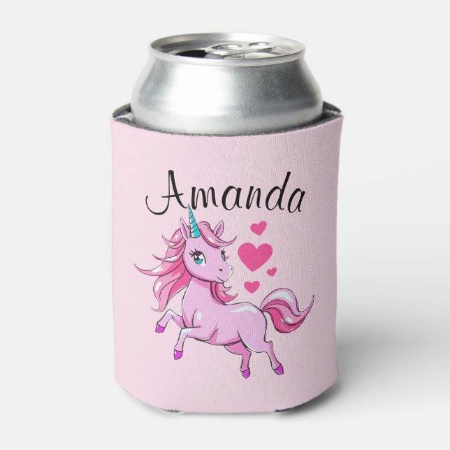 Lebhafter Rosa Springen Einhorn Mädchenname Dosenkühler (Kanne Vorderseite)