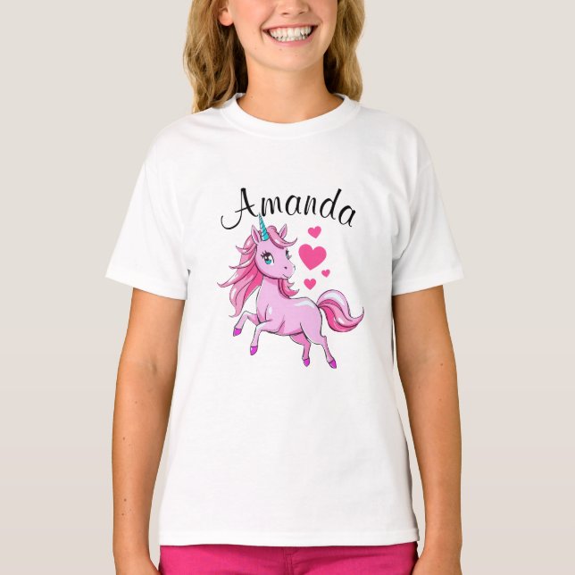 Lebhafter Rosa Springen Einhorn Mädchenname T-Shirt (Vorderseite)