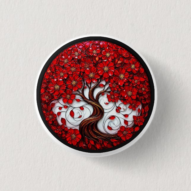 Lebhafter Roter Blume-Baum mit stilvollen Details Button (Vorderseite)