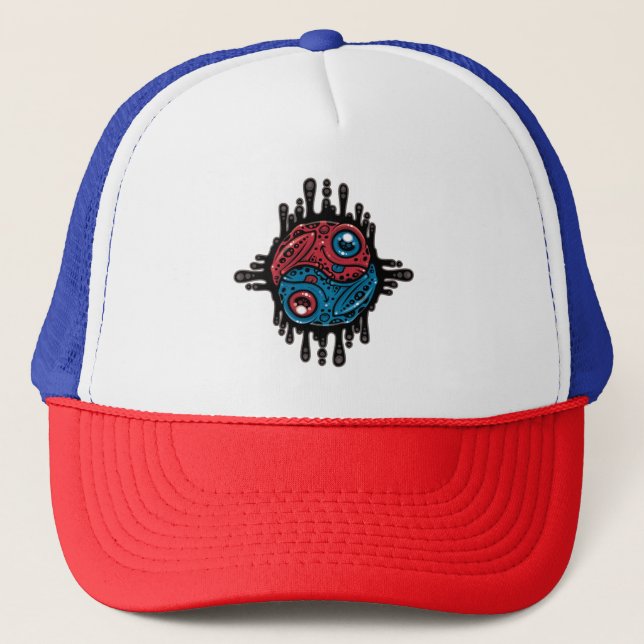 Lebhafter Roter und Blauer Gift Dart Frog Yin Yang Truckerkappe (Vorderseite)