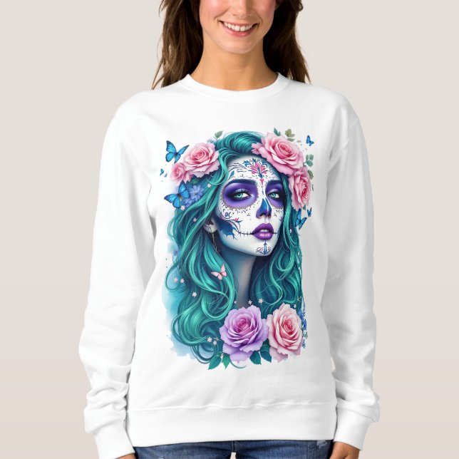 Lebhafter Schädel mit Rose, Geschenk für sie Sweatshirt (Vorderseite)