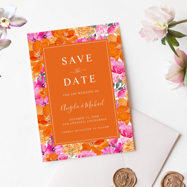 Lebhafter Sommergarten | Rosa und orange Hochzeit Save The Date (Von Creator hochgeladen)