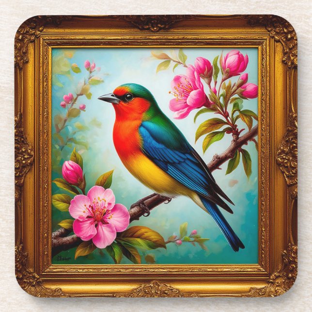 Lebhafter Songbird auf blühenden Branchen Getränkeuntersetzer (Vorderseite)