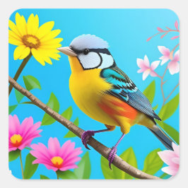 Lebhafter Songbird auf einem blühenden Zweig Quadratischer Aufkleber