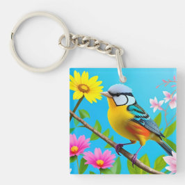 Lebhafter Songbird auf einem blühenden Zweig Schlüsselanhänger