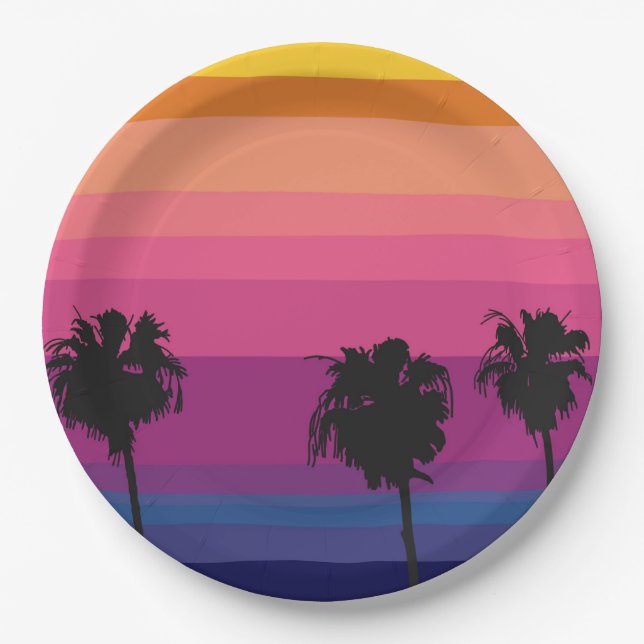 Lebhafter Sonnenuntergang im Ozean mit Silhouetten Pappteller (Vorderseite)