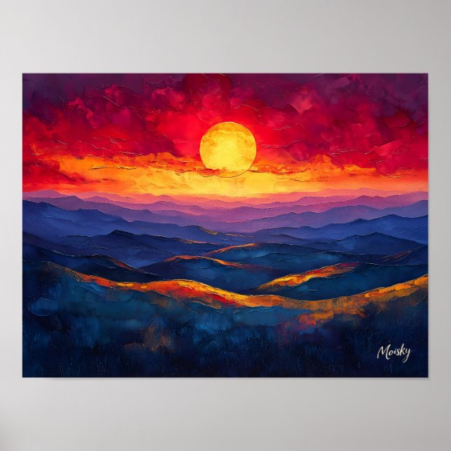 Lebhafter Sonnenuntergang über Gebirgskette - Abst Poster (Vorne)