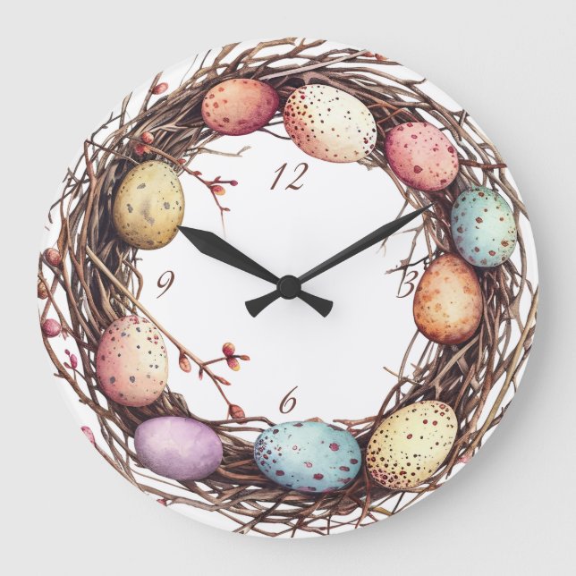 Lebhafter Springtime Egg Nest Oster Brunch Große Wanduhr (Vorderseite)