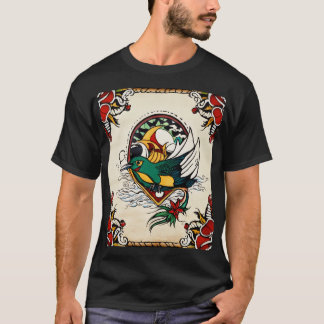 Lebhafter Tattoo-Inspiriert Bird & Floral Art T - T-Shirt