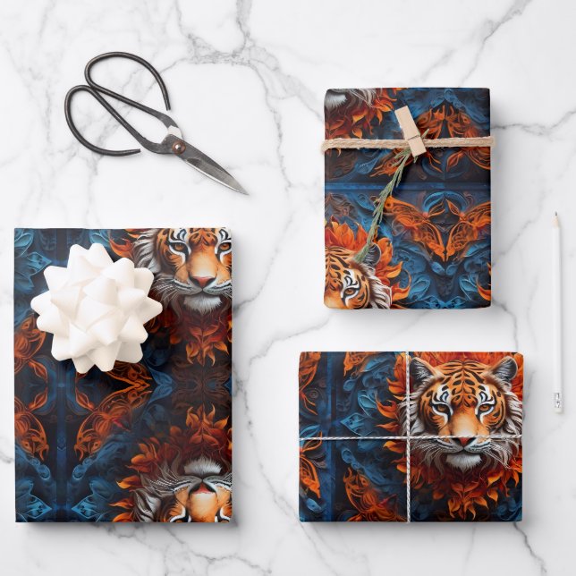 Lebhafter Tiger mit Blumenmotiven Geschenkpapier Set (Vorderseite)