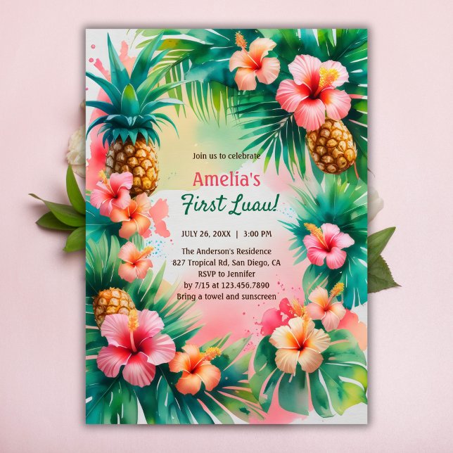 Lebhafter tropischer Hawaiianer Erster Luau 1. Geb Einladung (First Luau Birthday Invitation – Vibrant Tropical Hawaiian Party Invite Invitation)