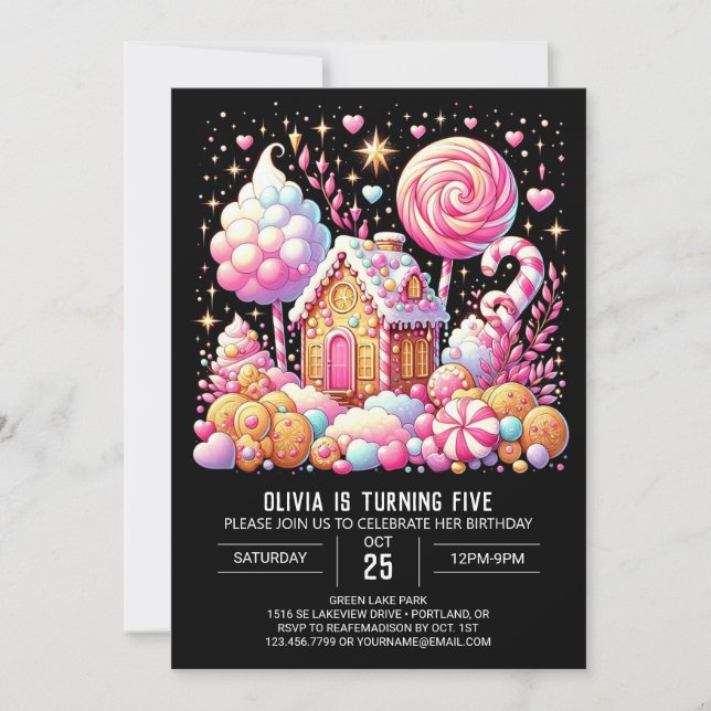 Lebhafter Whimsical Candyland Digital Geburtstag Einladung (Vorderseite)