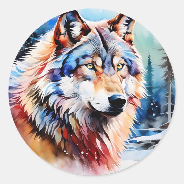 Lebhafter Wolf im Schnee Runder Aufkleber (Vorderseite)