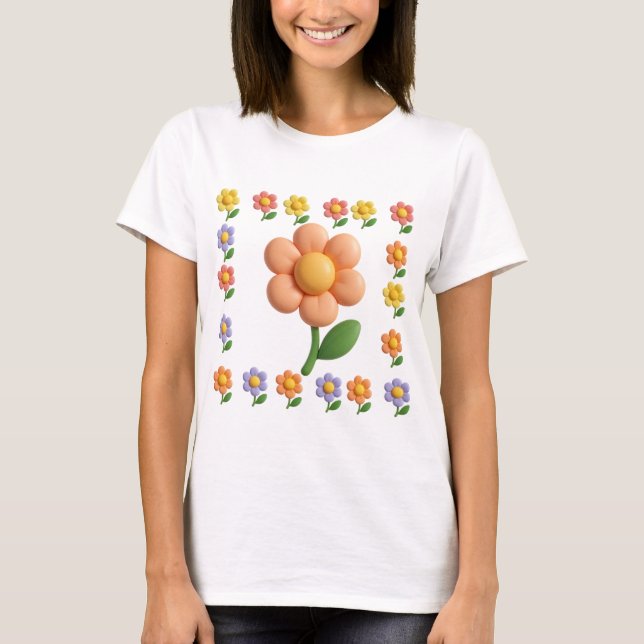 Lebhaftes 3D-Blume-Blockdesign T-Shirt (Vorderseite)
