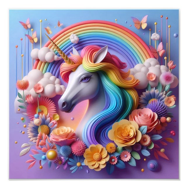 Lebhaftes 3D-Einhorn-Portrait mit floralen Akzente Fotodruck (Vorne)