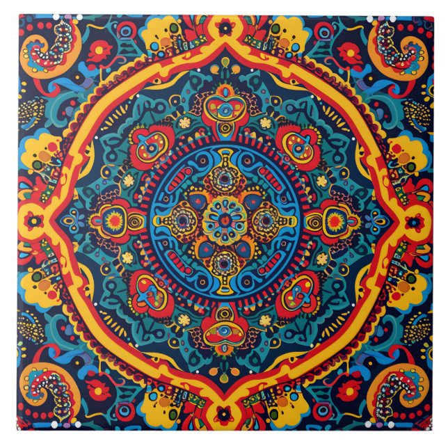Lebhaftes Abstraktes ethnisches Huichol-Stammmuste Fliese (Vorderseite)