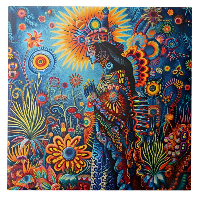 Lebhaftes Abstraktes ethnisches Huichol-Stammmuste Fliese (Vorderseite)