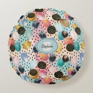 Lebhaftes Abstraktes Pinselstrich und Polka Dot Pa Rundes Kissen