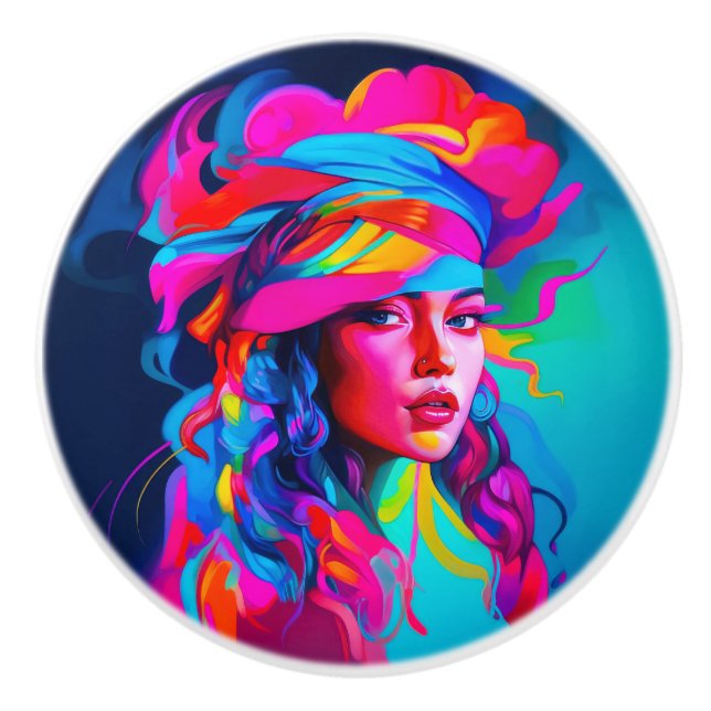 Lebhaftes Abstraktes Portrait Keramikknauf (Vorderseite)