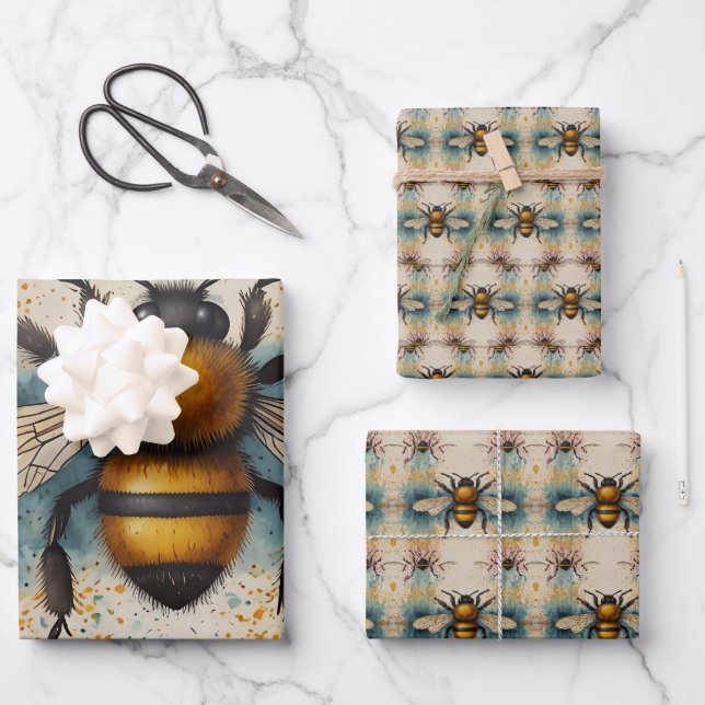 Lebhaftes Bee Watercolor-Muster Geschenkpapier Set (Vorderseite)