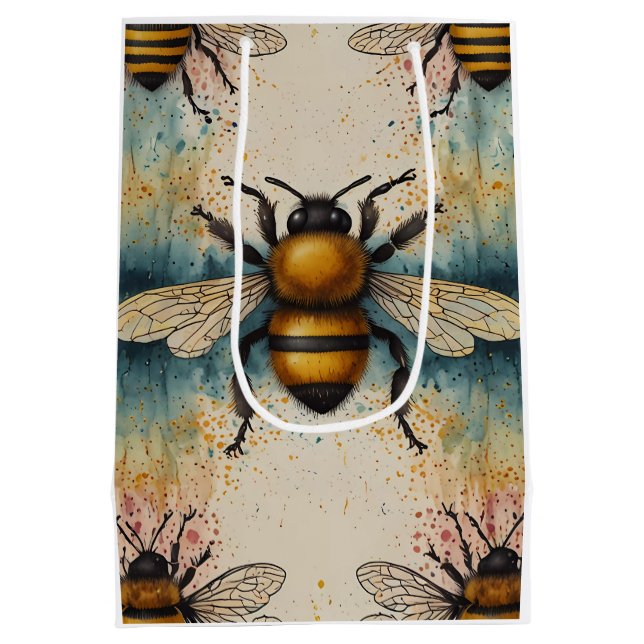 Lebhaftes Bee Watercolor-Muster Mittlere Geschenktüte (Rückseite)
