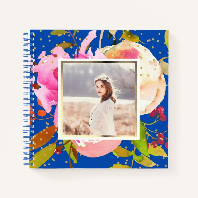 Lebhaftes Blue Floral- und Confetti-Foto Notizbuch (Vorderseite)