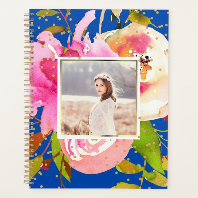 Lebhaftes Blue Floral- und Confetti-Foto Planer (Vorderseite)