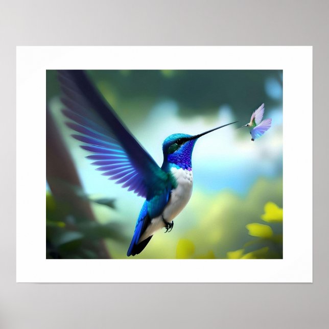 Lebhaftes Blue & White Hummingbird in Flight Poste Poster (Vorne)