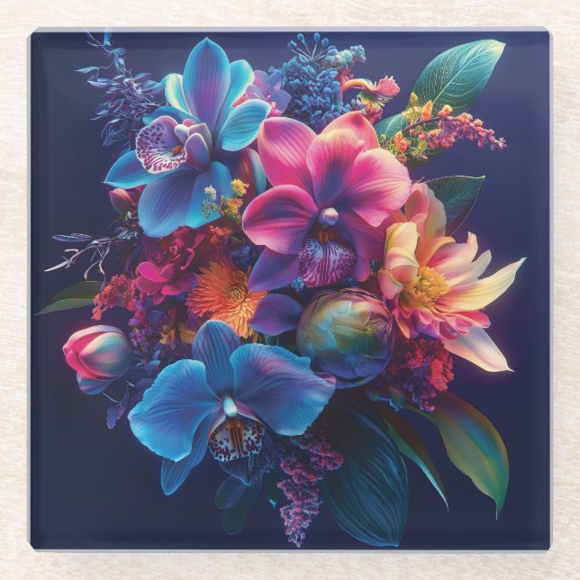 Lebhaftes BlumenBouquet mit Neon-Blume Glasuntersetzer (Vorderseite)