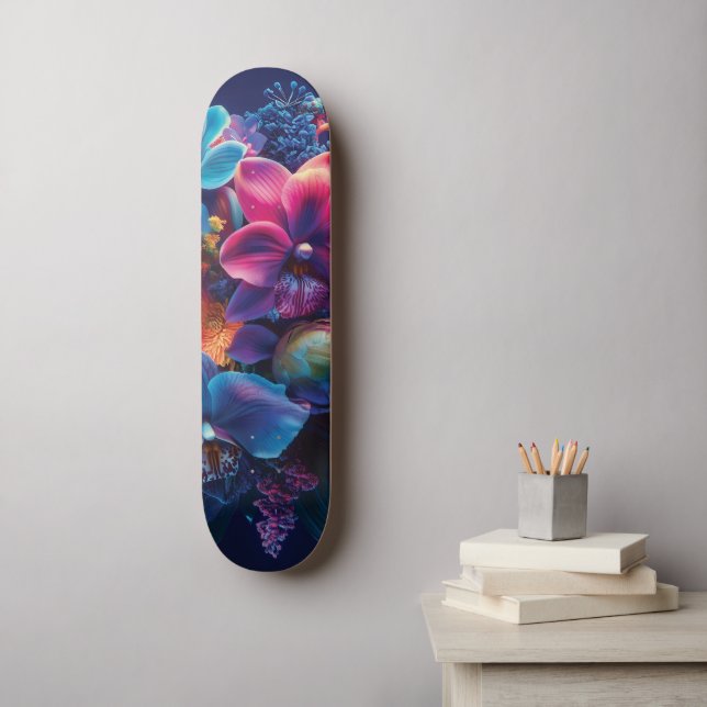 Lebhaftes BlumenBouquet mit Neon-Blume Skateboard (Wandkunst)