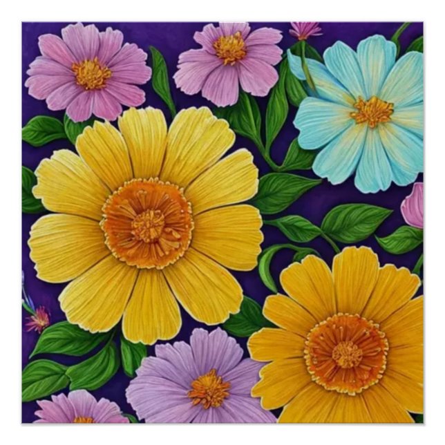 Lebhaftes Blumendesign im Lila Hintergrund Poster (Vorderseite)