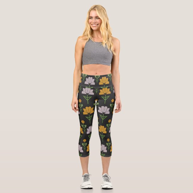 Lebhaftes Blumenmuster Capri Leggings (Vorderseite)