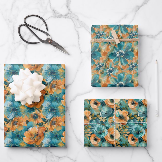 Lebhaftes Blumenmuster mit feinem, Aquamarinem, tü Geschenkpapier Set (Vorderseite)