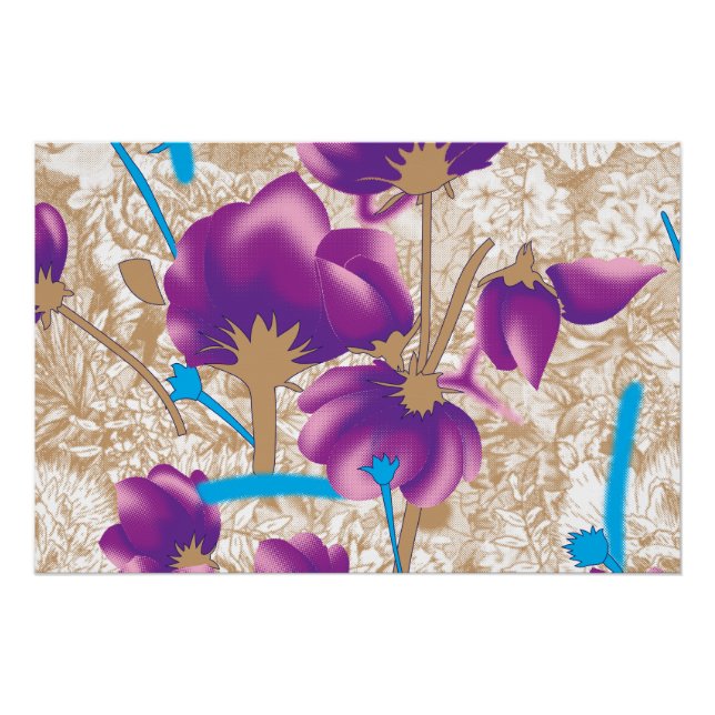 Lebhaftes Blumenmuster mit lila und blauem f Poster (Vorderseite)