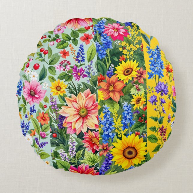 Lebhaftes Blumenmuster mit Sonnenblumen und Dahlie Rundes Kissen (Vorderseite)