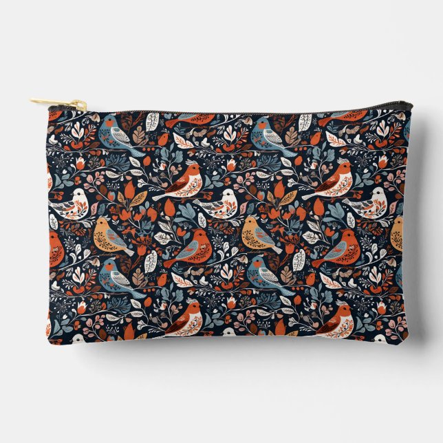 Lebhaftes Blumenmuster und Vögel Nordisches Muster Zubehörtasche (Vorderseite)