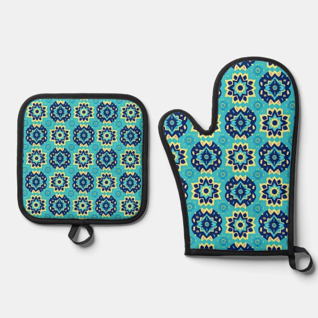 Lebhaftes Boho Chic Geometric Floral Pattern Ofenhandschuh & Topflappen-Set (Vorderseite)