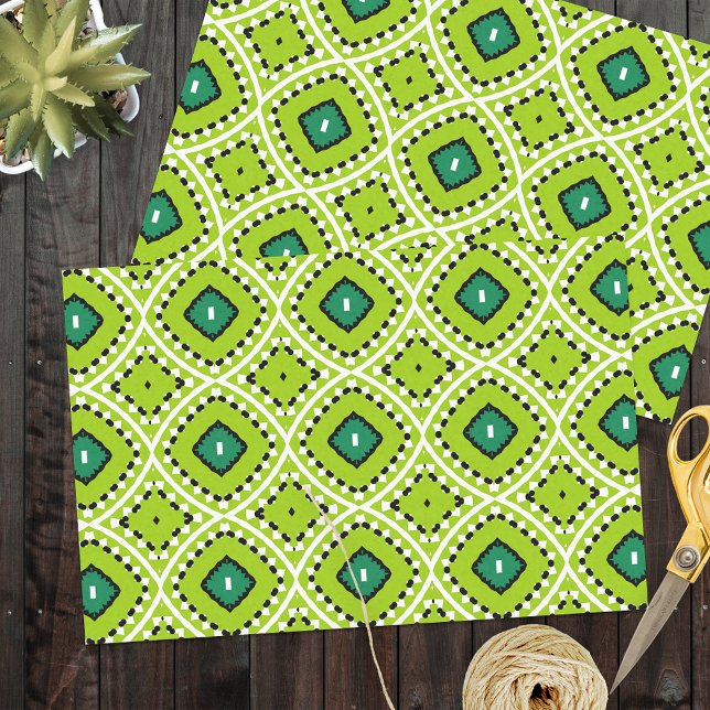 Lebhaftes Boho Ethnic Lime Green Geometric Muster Seidenpapier (Von Creator hochgeladen)