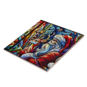 Lebhaftes Buntglas des Weihnachtsmannes und Rentie Fliese