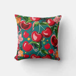 Lebhaftes Cherry- und Blumenmuster auf Aquamarinem Kissen