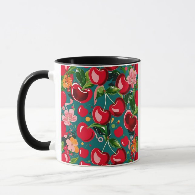 Lebhaftes Cherry- und Blumenmuster auf Aquamarinem Tasse (Links)