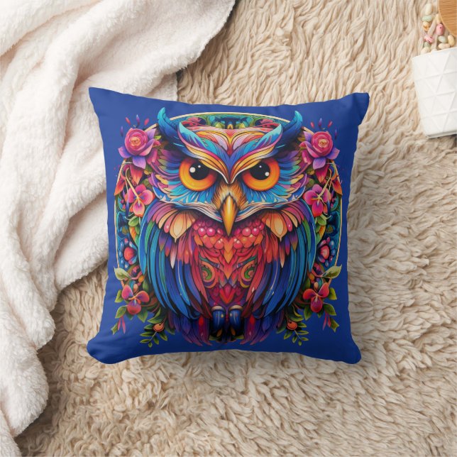Lebhaftes Eule - farbenfroher Boho Kissen (Decke)