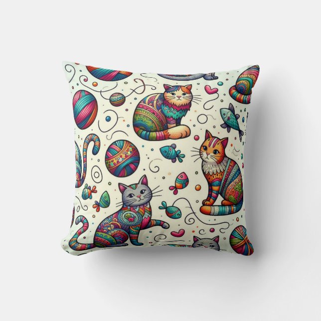 Lebhaftes farbenfrohes Cat Pattern Pillow Stilvoll Kissen (Vorderseite)