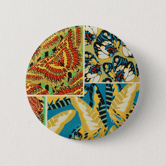 Lebhaftes Gelb & Türkis Art Deco Schmetterlingskun Button (Vorderseite)