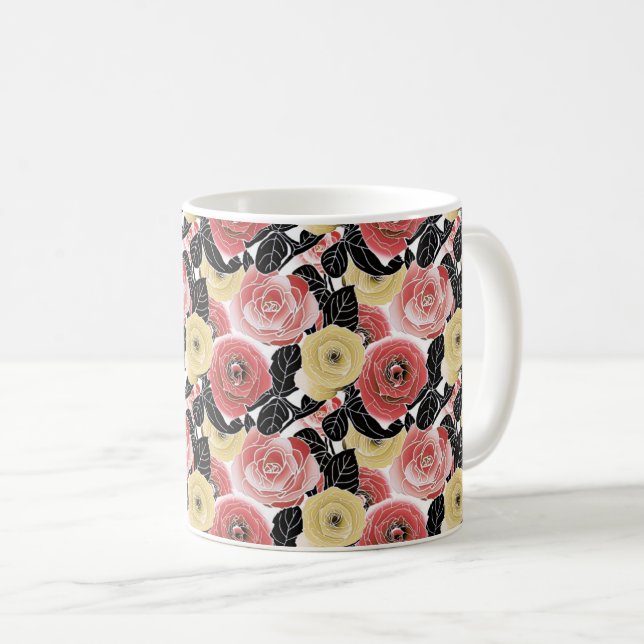 Lebhaftes Gelb und Rote Rosen blühen Kaffeetasse (VorderseiteRechts)
