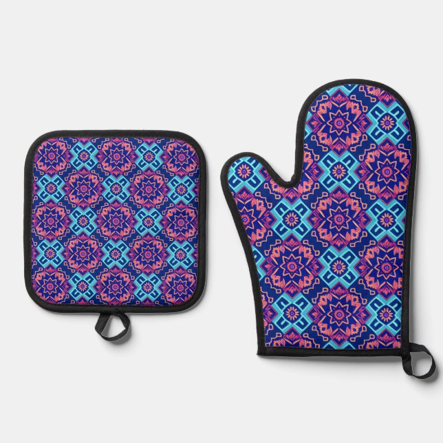 Lebhaftes geometrisches Muster Ofenhandschuh & Topflappen-Set (Vorderseite)